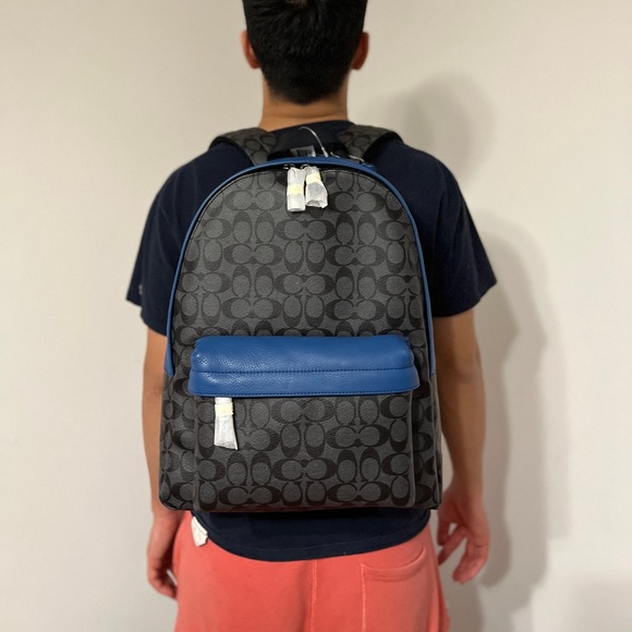 Coach  Campus Backpack Charcoal Black Blue Signature Leather Men - Picture 4 of 6